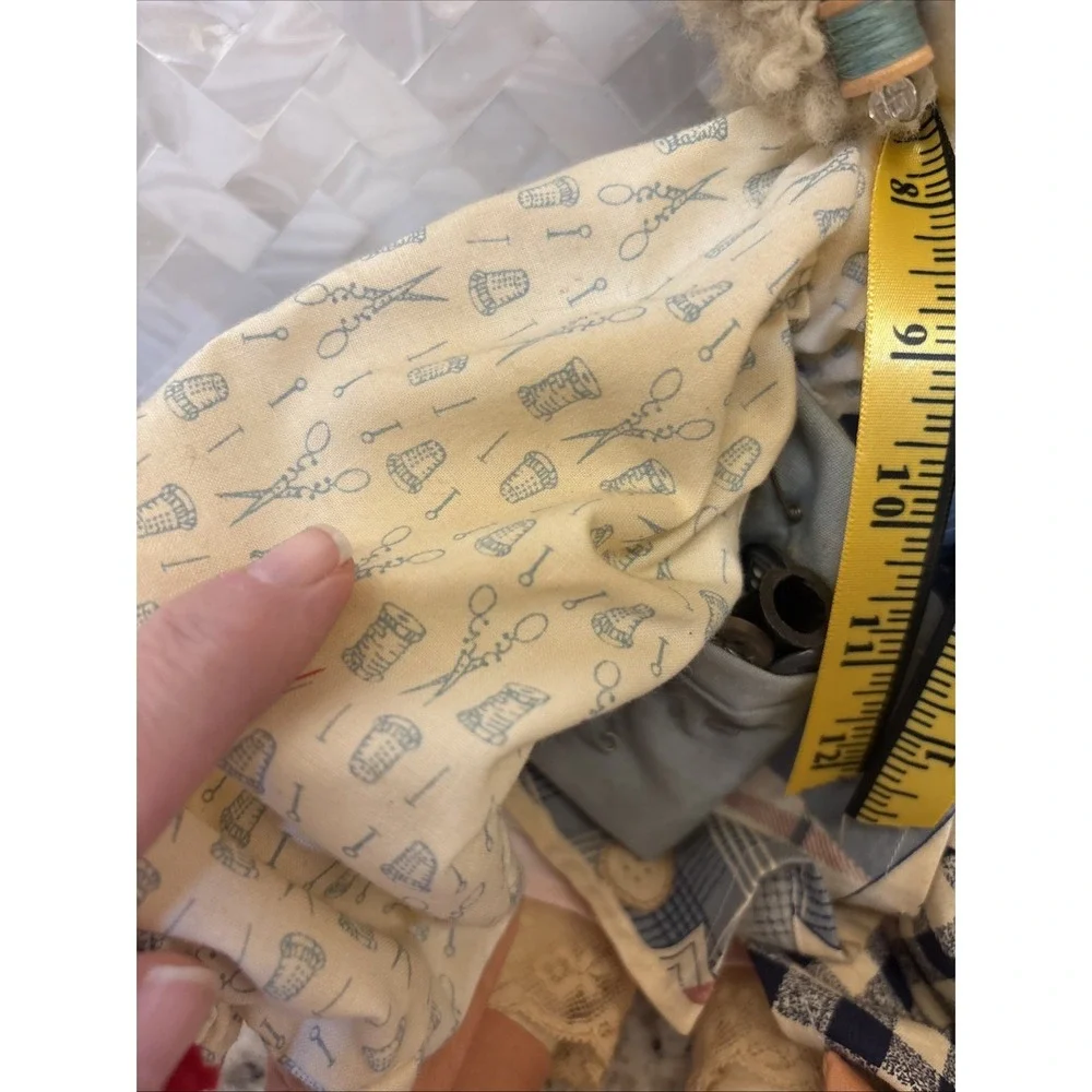 Vintage Homemade? Quilting Lady Doll Sewing Thread Fabric Thread Shopping Button